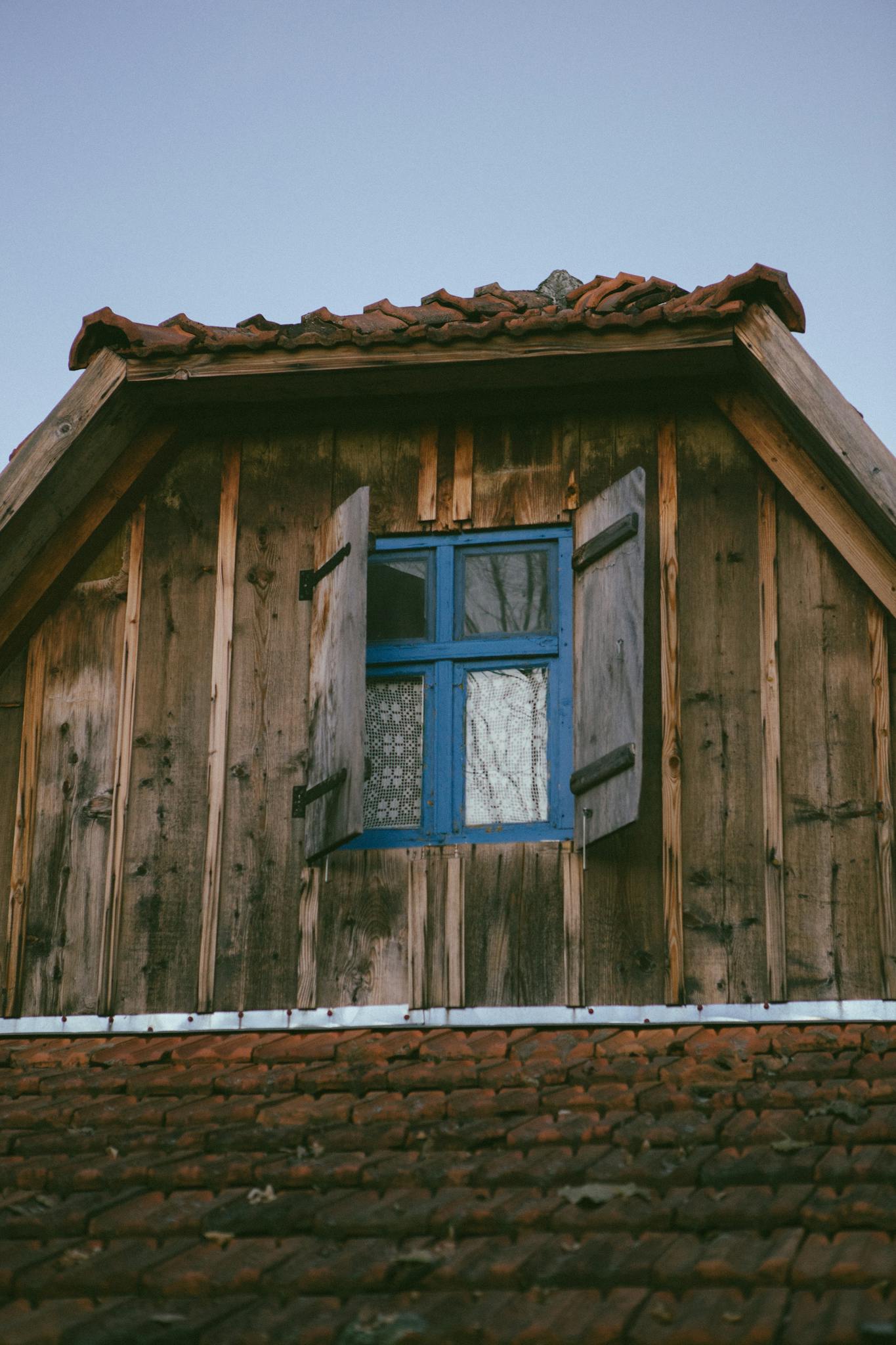 Charming wooden cottage facade with blue shuttered window in a rustic setting.